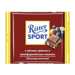 Шоколад Ritter Sport молочный с лесным орехом и калифорнийским изюмом