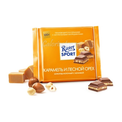 Калорийность и пищевая ценность Шоколад Ritter Sport молочный с цельным лесным орехом