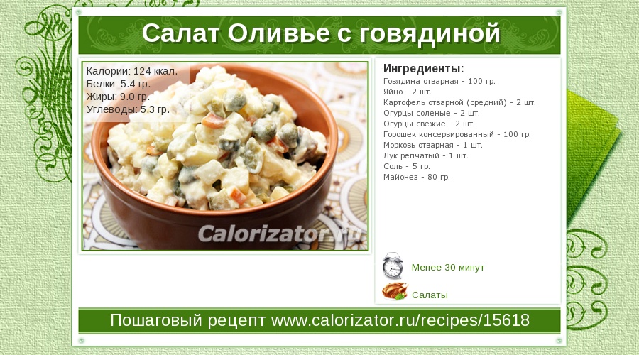 Рецепт Салат Оливье со сметаной 15%. Калорийность, химический состав и пищевая ценность.