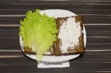 Шаг 2. На ломтики хлеба выложить творожный сыр и лист салата.