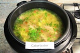 Шаг 8. В готовый суп ввести лавровый лист, измельченный зеленый лук и укроп. Зак