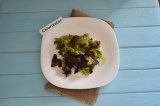Шаг 1. Листья салата промыть, обсушить, порвать руками и выложить на тарелку.